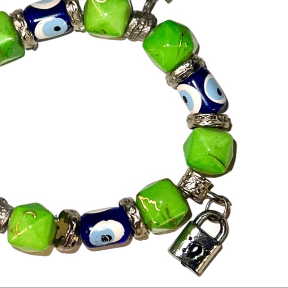 VTG Jasper, Silver Sea Glass Evil Eye Beaded Bracelet - Picture 11 of 13
